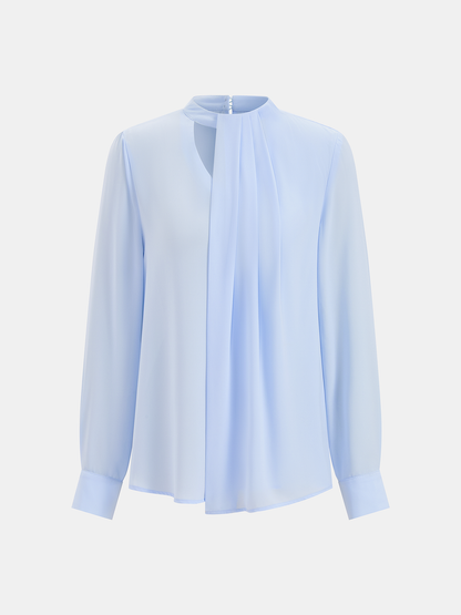 Keyhole Neck Pleated Long Sleeve Blouse