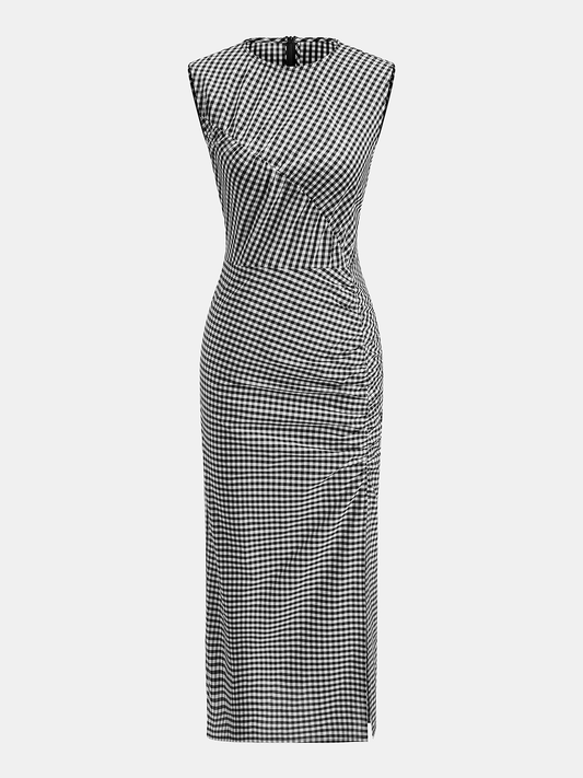 Gingham Sleeveless Cotton Ruched Split Maxi Dress