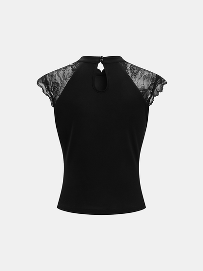 Lace Cap Sleeve Mandarin Collar Blouse