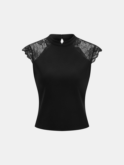 Lace Cap Sleeve Mandarin Collar Blouse