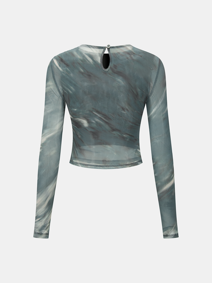Tie-Dye Mesh Ruched Long-Sleeve Top