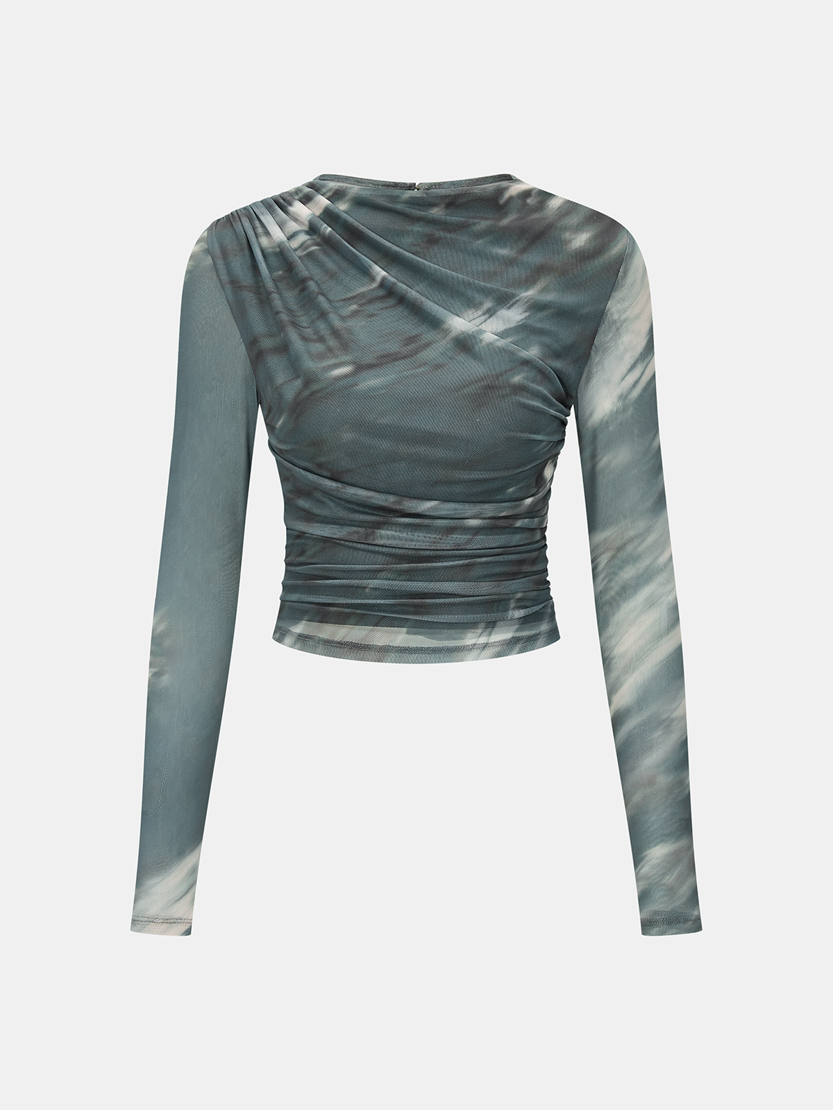Tie-Dye Mesh Ruched Long-Sleeve Top