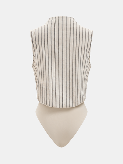 Cotton Linen Striped Sleeveless Wrap Bodysuit