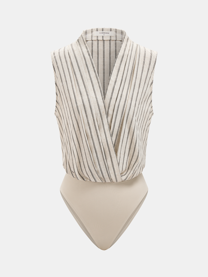 Cotton Linen Striped Sleeveless Wrap Bodysuit