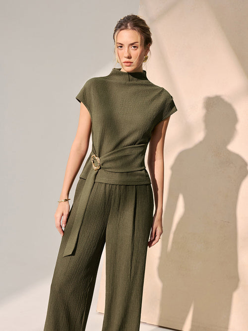 Tie-Waist Textured Knit Top & Pants Set