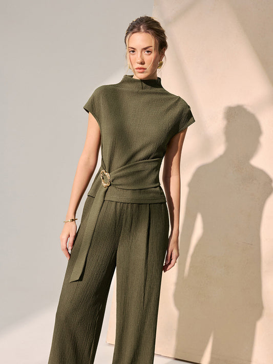 Tie-Waist Textured Knit Top & Pants Set
