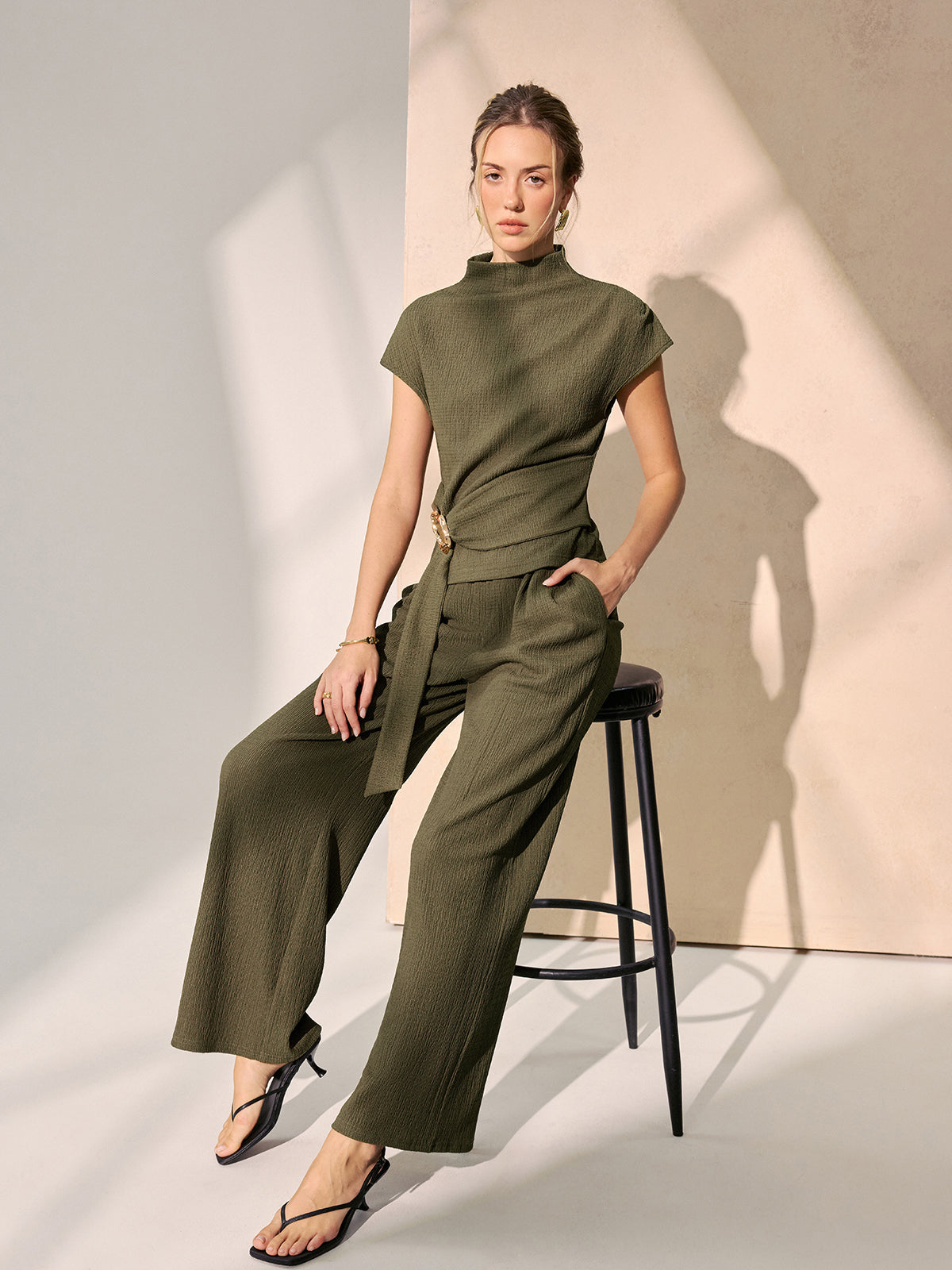 Tie-Waist Textured Knit Top & Pants Set