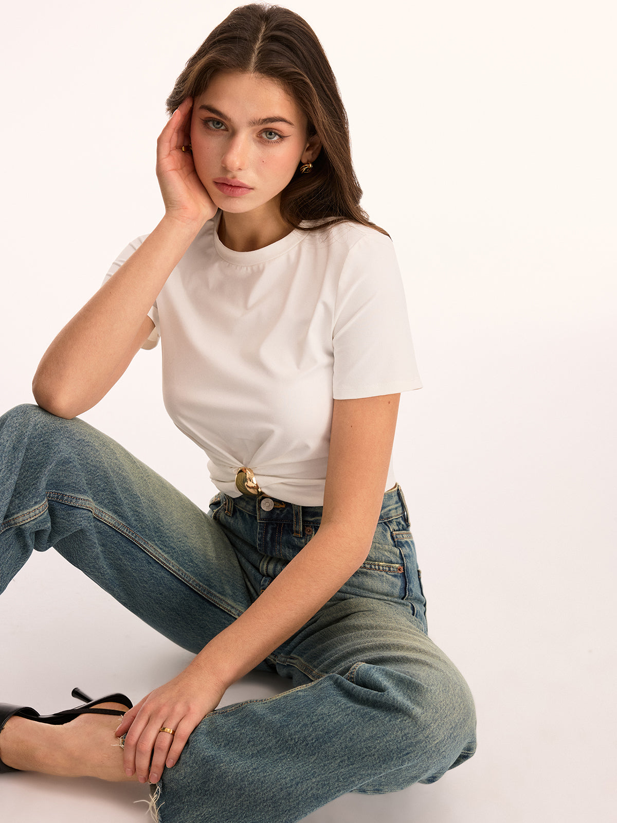 Metal Buckle Twist Front Crop Top