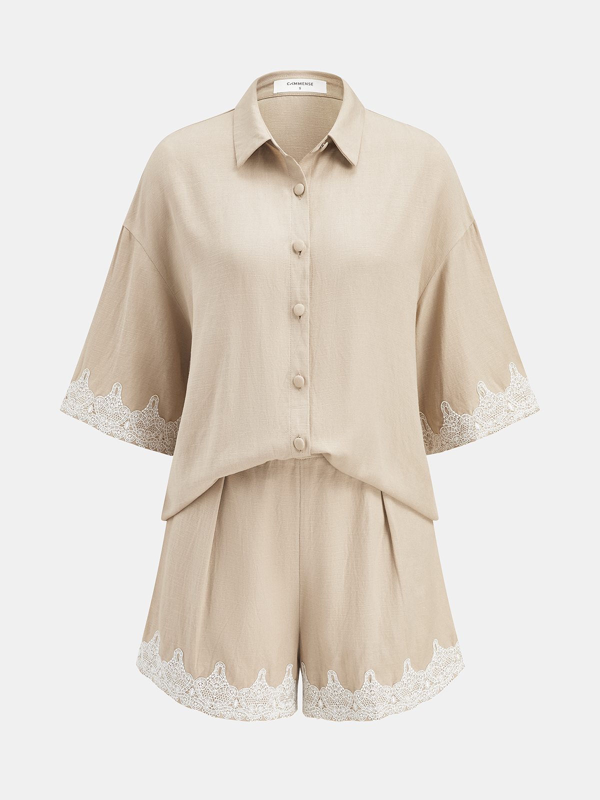 Linen Blend Lace Trim Shirt & Shorts Set