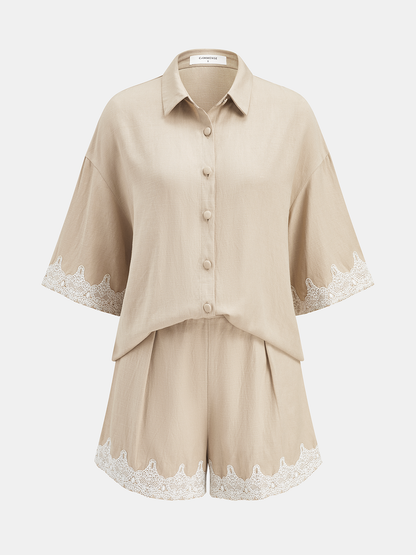 Linen Blend Lace Trim Shirt & Shorts Set