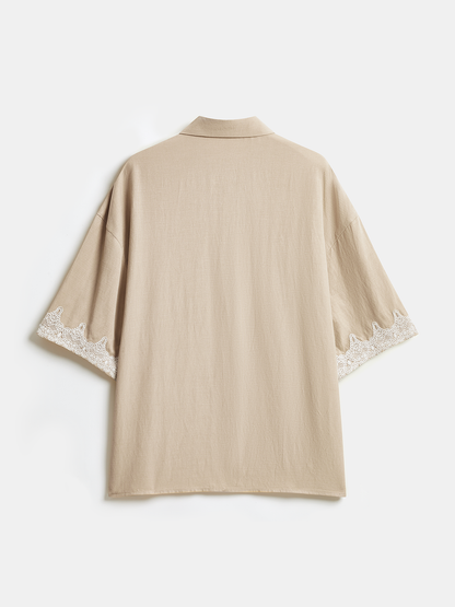 Linen Blend Lace Trim Shirt & Shorts Set