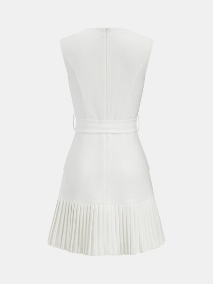 Sleeveless Belted Pleated Hem Mini Dress