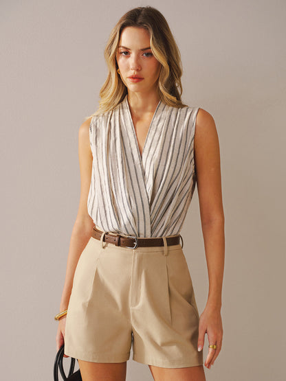 Cotton Linen Striped Sleeveless Wrap Bodysuit