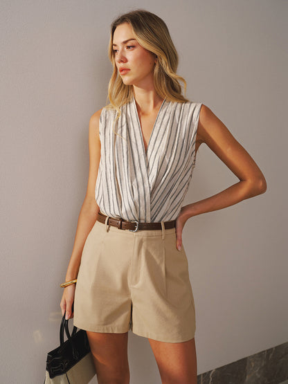 Cotton Linen Striped Sleeveless Wrap Bodysuit