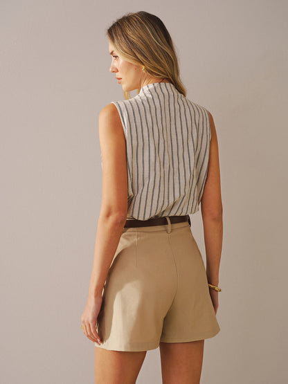 Cotton Linen Striped Sleeveless Wrap Bodysuit