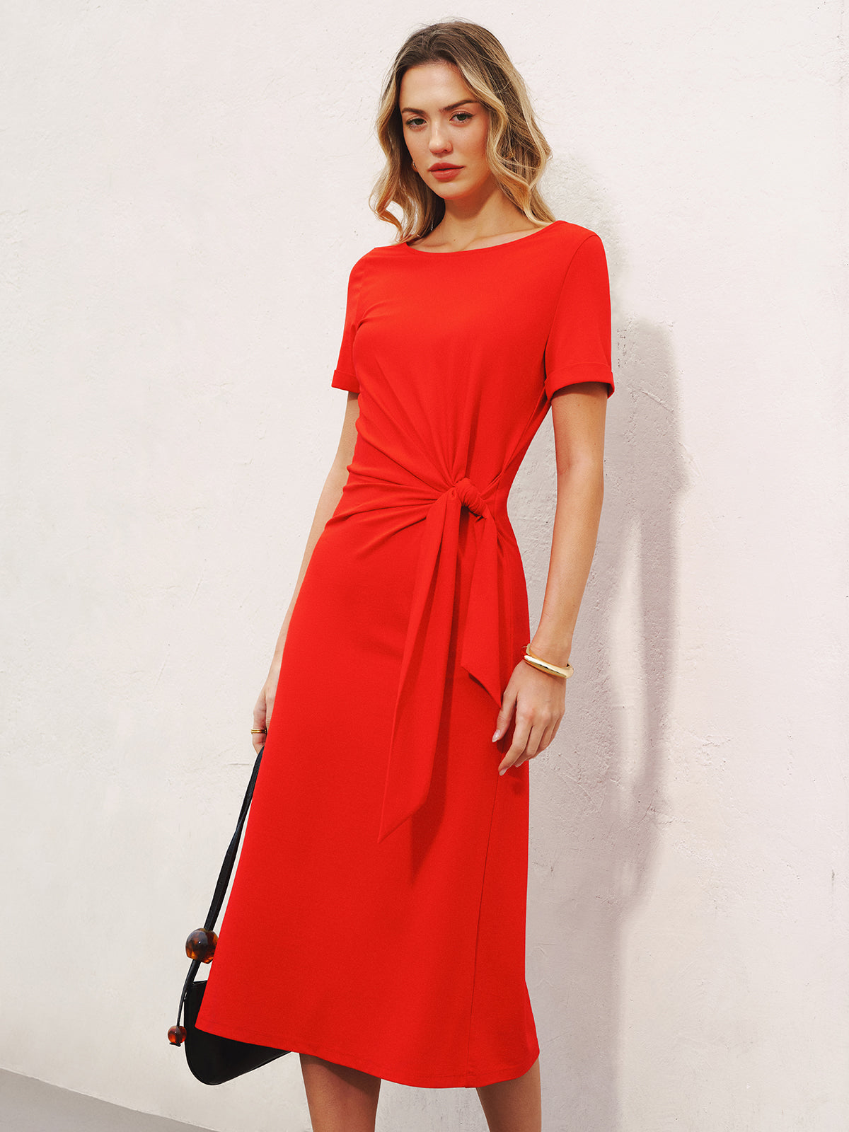Short Sleeve Knot-Waist Midi Dress