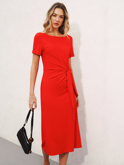 Short Sleeve Knot-Waist Midi Dress