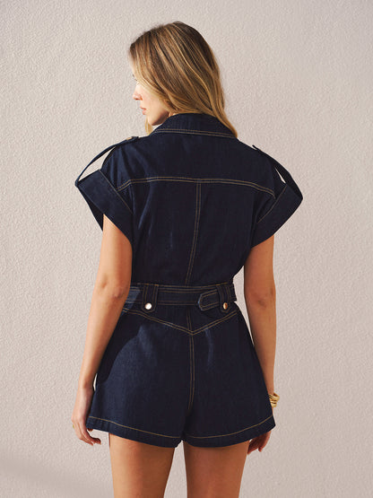 Denim Belted Collar Romper