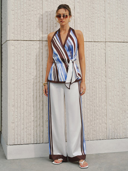 Side Stripe Satin Wide-Leg Pants
