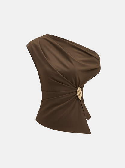 One Shoulder Ruched Buckle Blouse