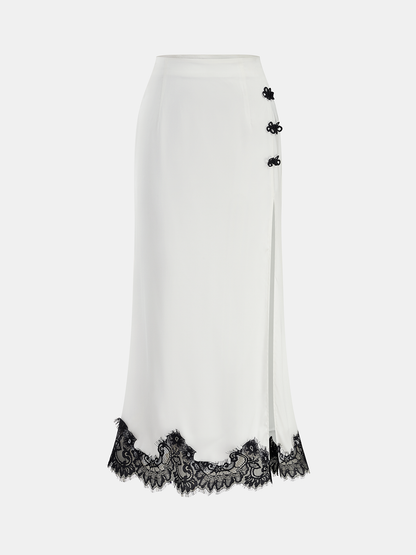 Knot Button Satin Lace Split Maxi Skirt