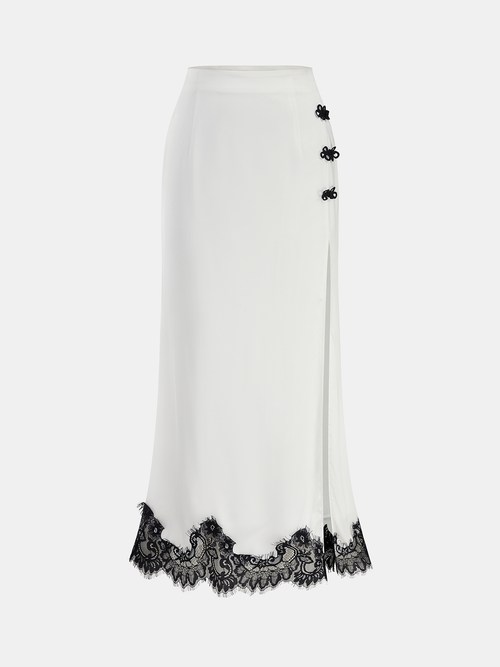 Knot Button Satin Lace Split Maxi Skirt