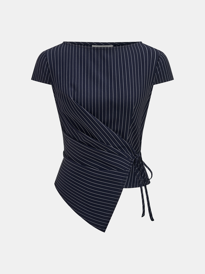 Pinstripe Wrap Tie Top & Wide-Leg Pants Set