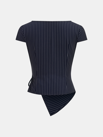 Pinstripe Wrap Tie Top & Wide-Leg Pants Set