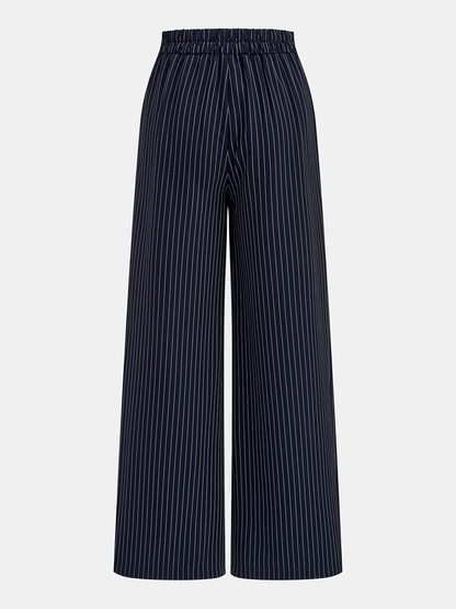 Pinstripe Wrap Tie Top & Wide-Leg Pants Set