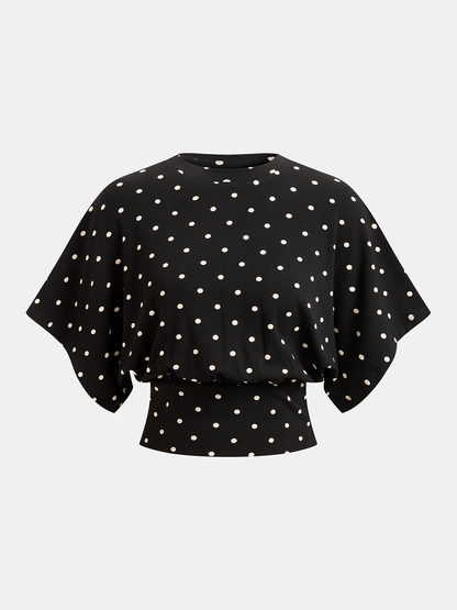 Polka Dot Batwing Cinched Waist Top