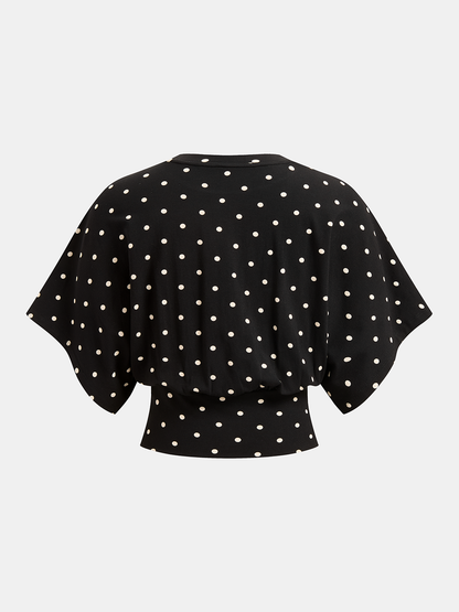 Polka Dot Batwing Cinched Waist Top