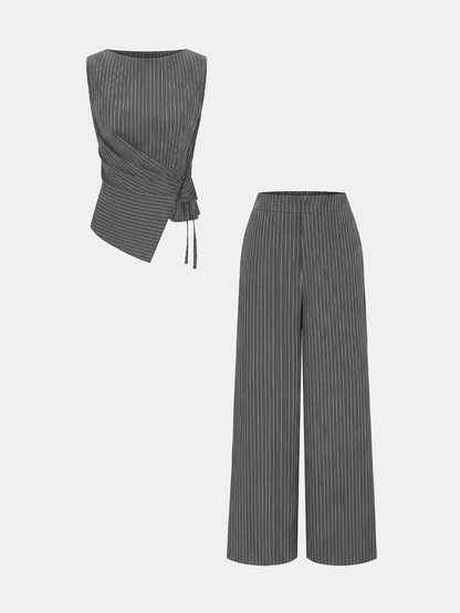 Pinstripe Wrap Top & Wide-Leg Pants Set