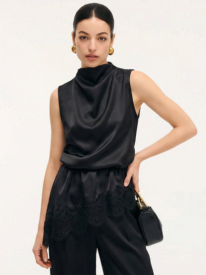 Lace Trim Satin Sleeveless Blouse