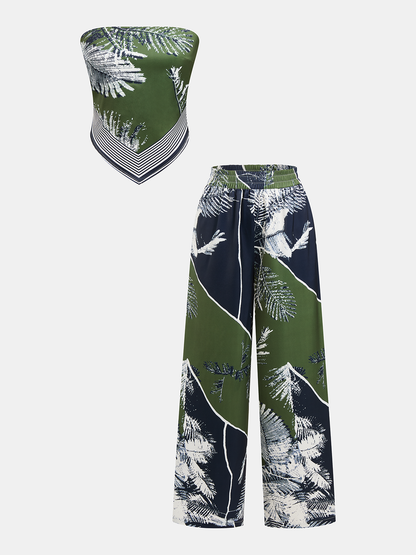 Leaf Print Strapless Top & Pants Set