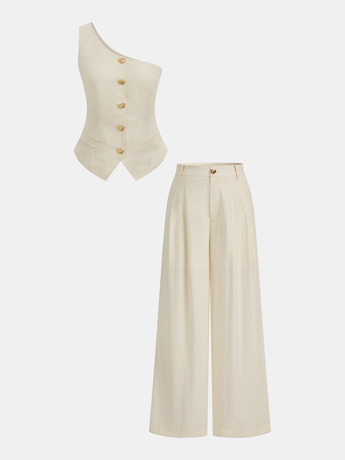 One Shoulder Metal Button Vest & Pants Set