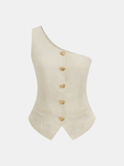 One Shoulder Metal Button Vest & Pants Set
