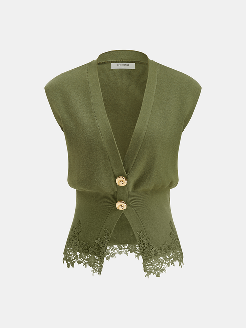 Lace Trim Metal Button V-Neck Knit Vest