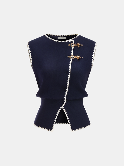 Contrast Trim Metal Closure Knitted Vest