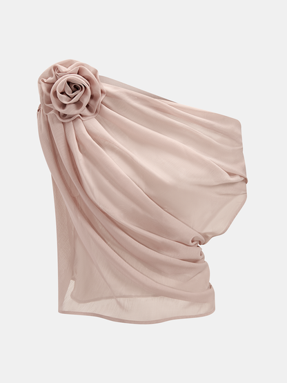 One Shoulder 3D Flower Sheer Blouse