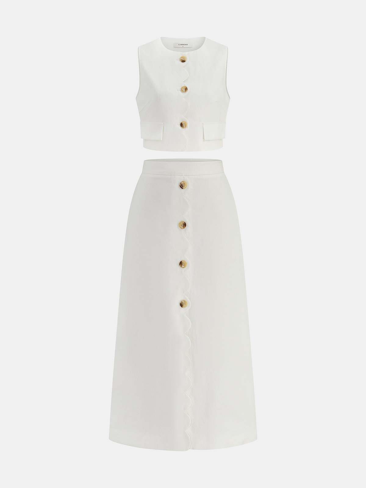 Cotton Linen Scallop Trim Vest & Skirt Set