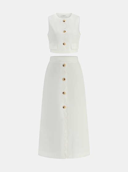 Cotton Linen Scallop Trim Vest & Skirt Set