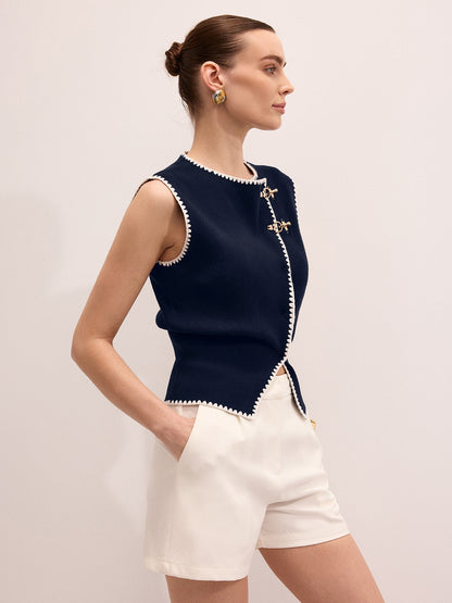 Contrast Trim Metal Closure Knitted Vest