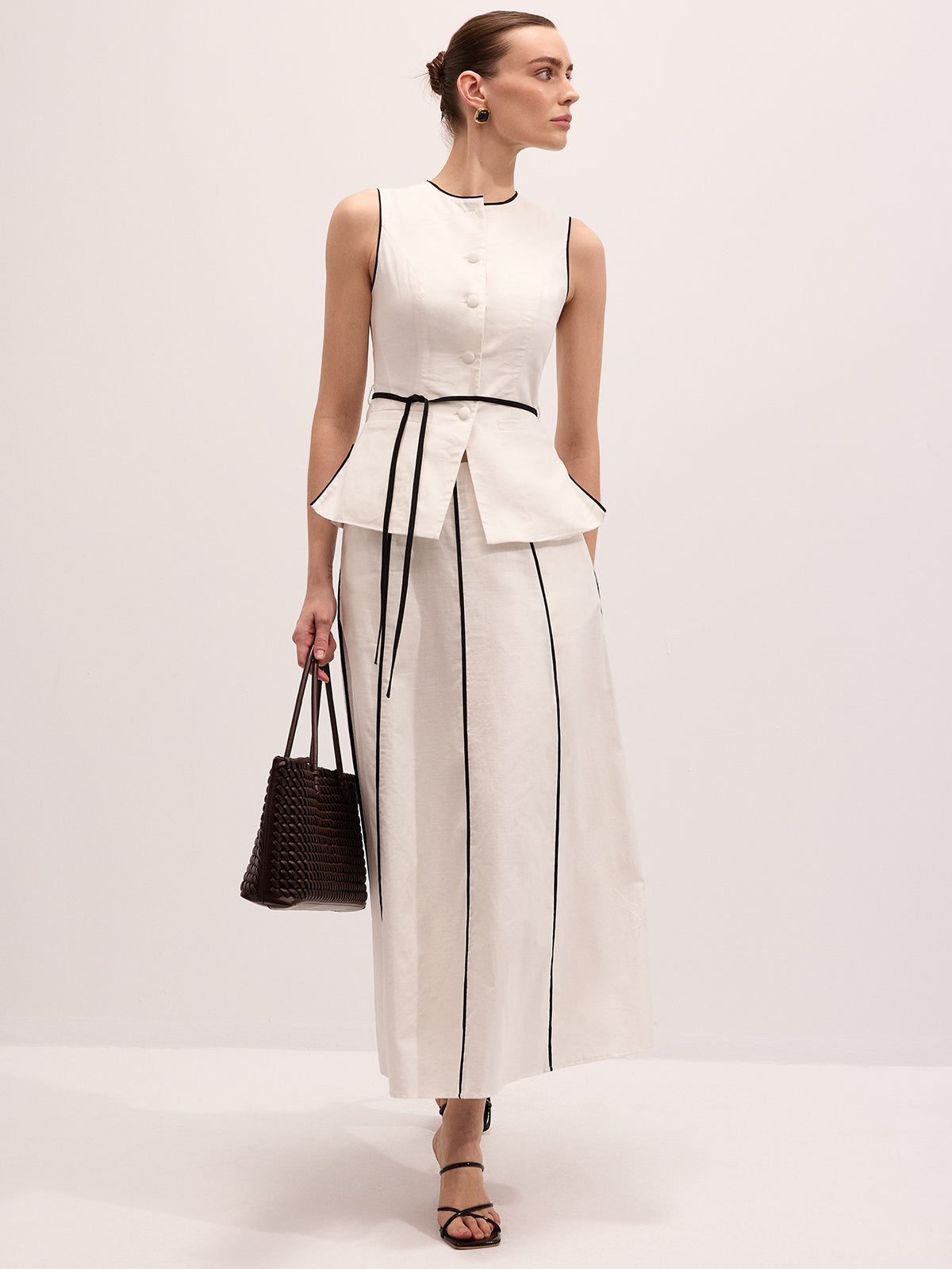 Semi-Sheer Cotton Linen Contrast Piping Top & Maxi Skirt Set