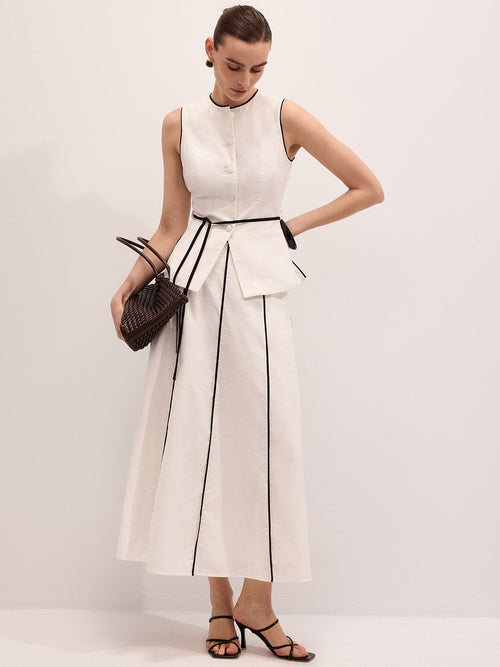 Semi-Sheer Cotton Linen Contrast Piping Top & Maxi Skirt Set