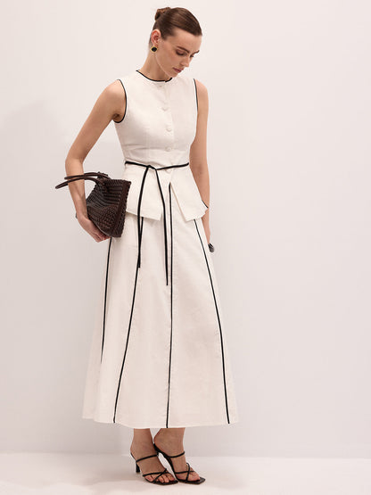 Semi-Sheer Cotton Linen Contrast Piping Top & Maxi Skirt Set
