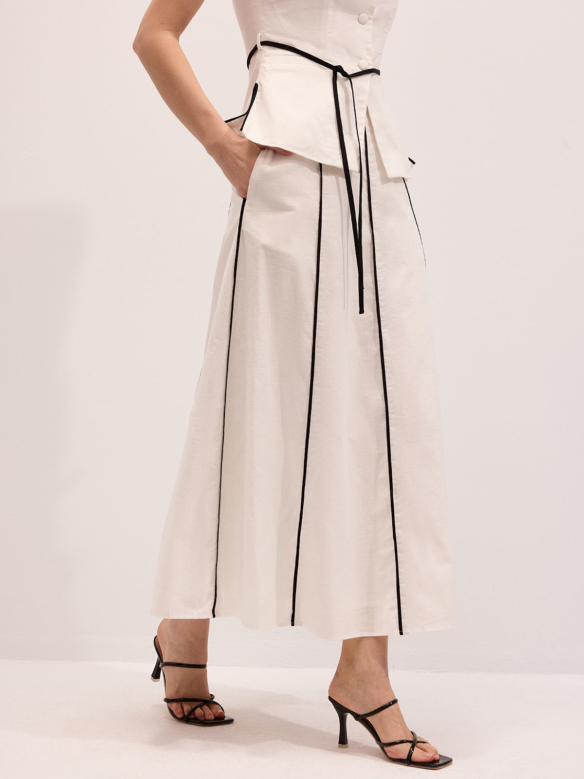 Semi-Sheer Cotton Linen Contrast Piping Top & Maxi Skirt Set