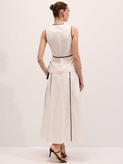 Semi-Sheer Cotton Linen Contrast Piping Top & Maxi Skirt Set