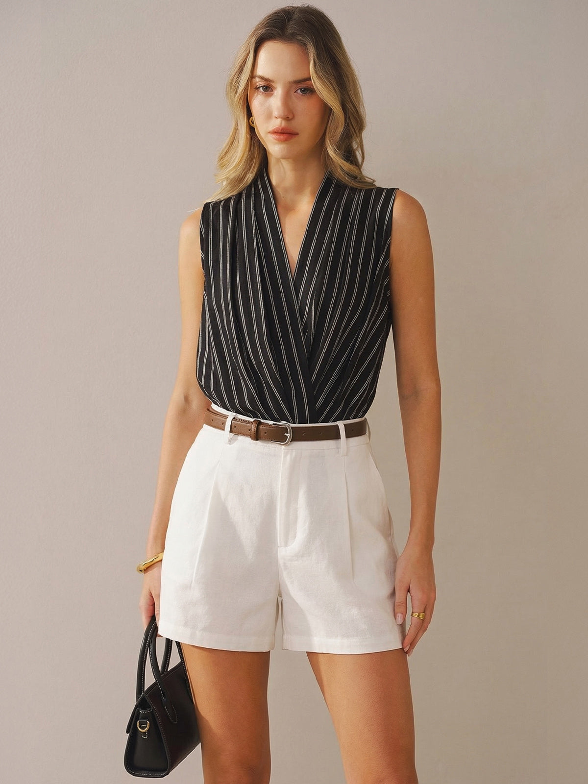 Cotton Linen Striped Sleeveless Wrap Bodysuit