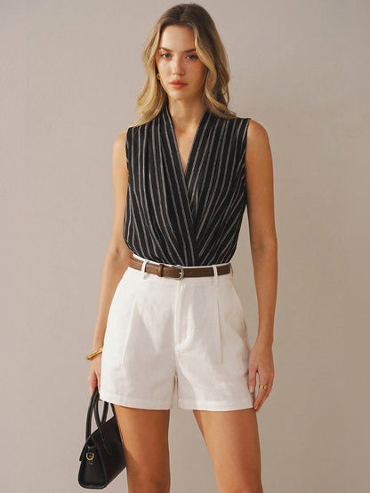 Cotton Linen Striped Sleeveless Wrap Bodysuit