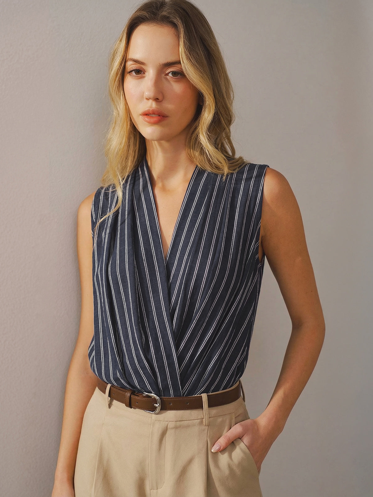 Cotton Linen Striped Sleeveless Wrap Bodysuit